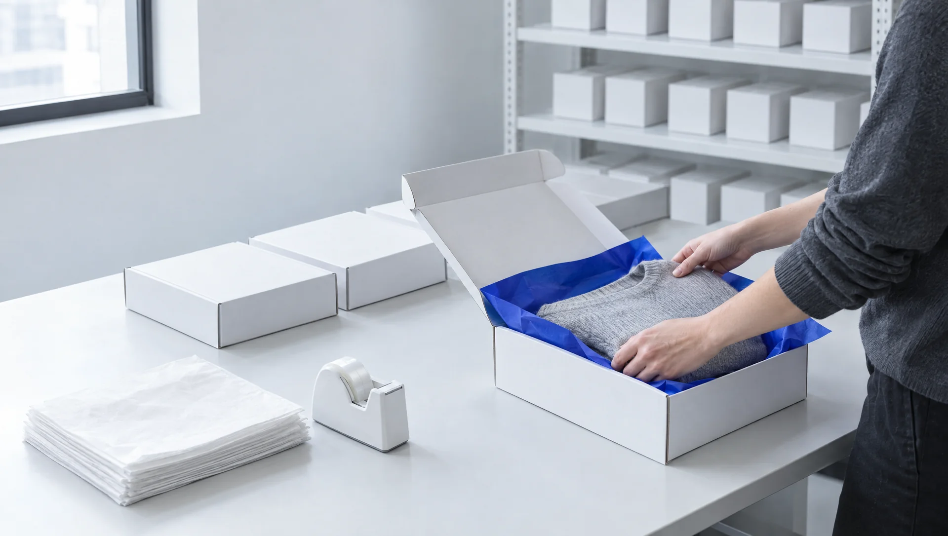 Two hands fold a gray knit sweater into a white mailer lined with blue tissue paper, at a packing table by a window.